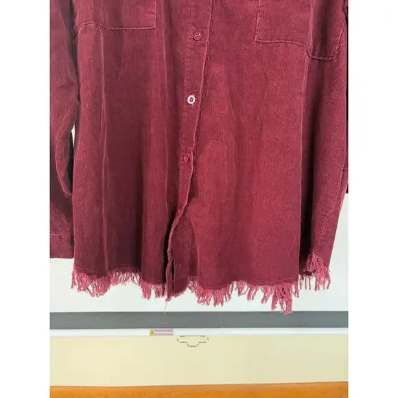 Corduroy Burgundy Velvety Shacket Raw Hem Alternative Grunge Barn Medium - Picture 4 of 9